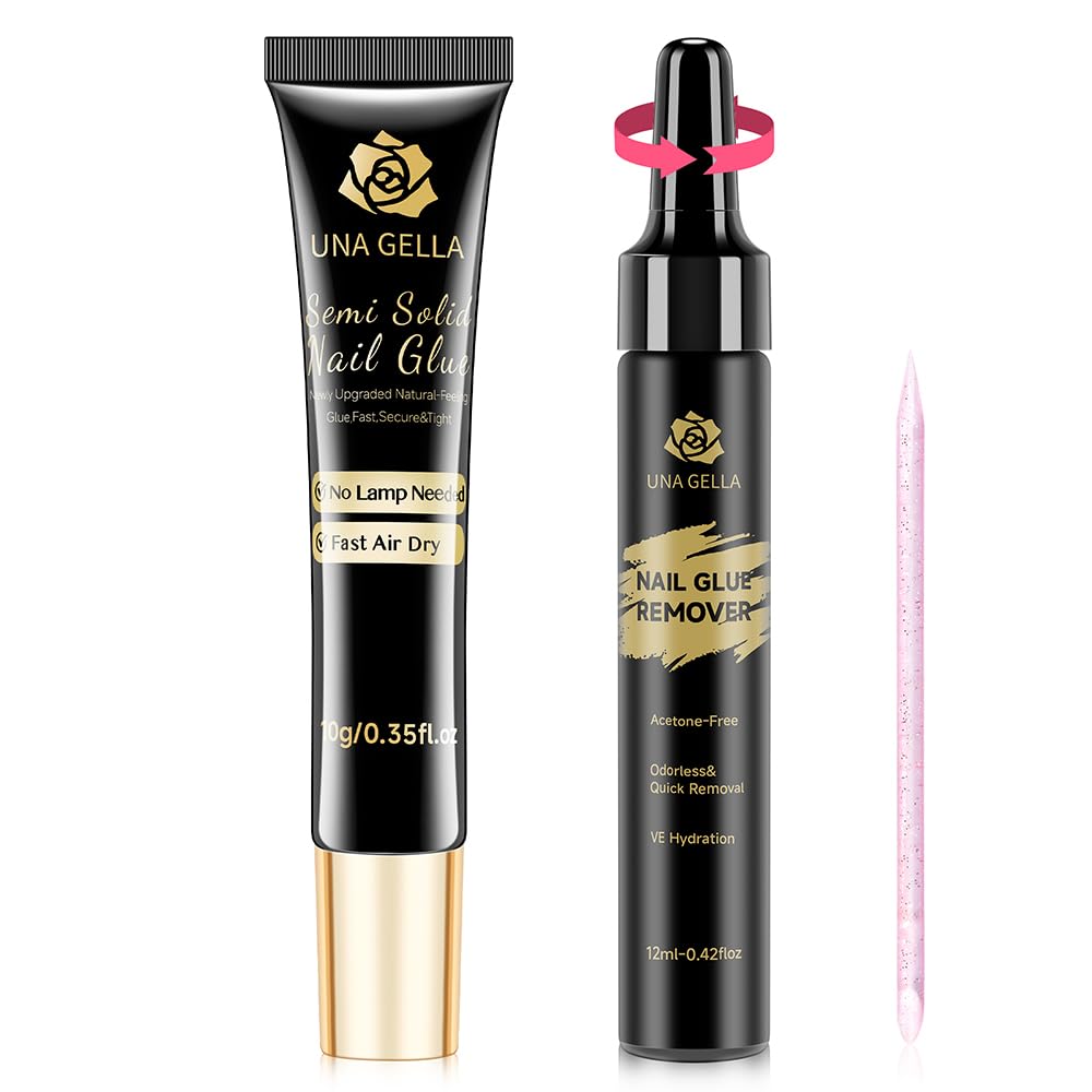 UNA GELLA Quick Drying Solid Nail Glue Gel 10ML with Gel Nail Glue Remover 12ML, for Press On Nails, No Need for Lamp, Long Lasting, Drip Use Remover Pen