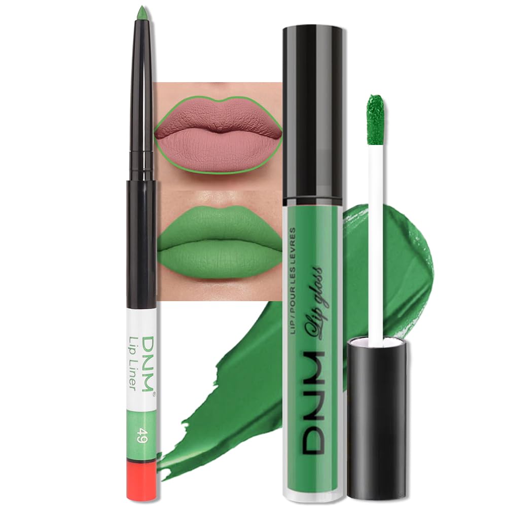 evpct 2Pcs Light Festival Green Matte Liquid Lipstick Lip Gloss Stain and Retractable Lip Liner Makeup Set for Women Long Lasting Waterproof 24 Hours Lipstick labial mate larga duracion 24 49#