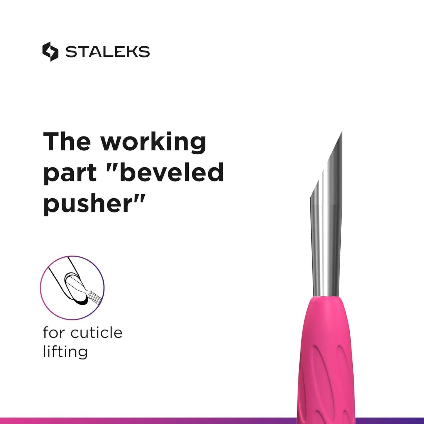 Staleks Manicure pusher Gummy with silicone handle UNIQ 10 TYPE 2 – Stainless Steel – Professional Cuticle Tool (rounded narrow and beveled pusher)