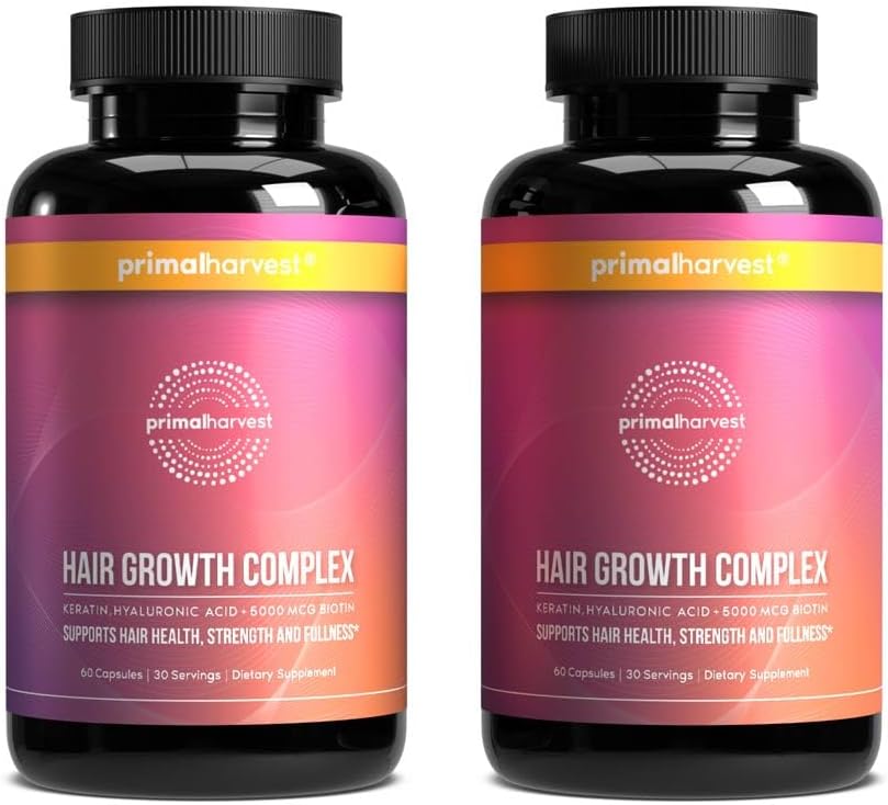 Primal Harvest Hair Growth Vitamins, 2 Pack - 120 Pills, Natural Hair Regrowth, Thickening, and Supplement for Men & Women with Biotin & Zinc