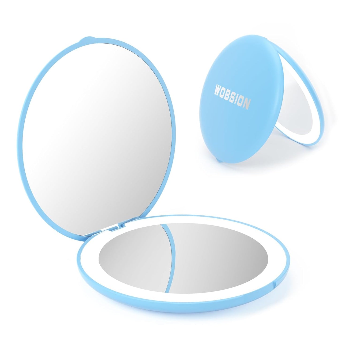 WOBSION Travel Compact Mirror,Portable 1x/10x LED Makeup Mirror with Magnification,Handheld 2-Sided Pocket Mirror, 3.5in Small Mirror for Purse,Handbag,Gifts,Blue
