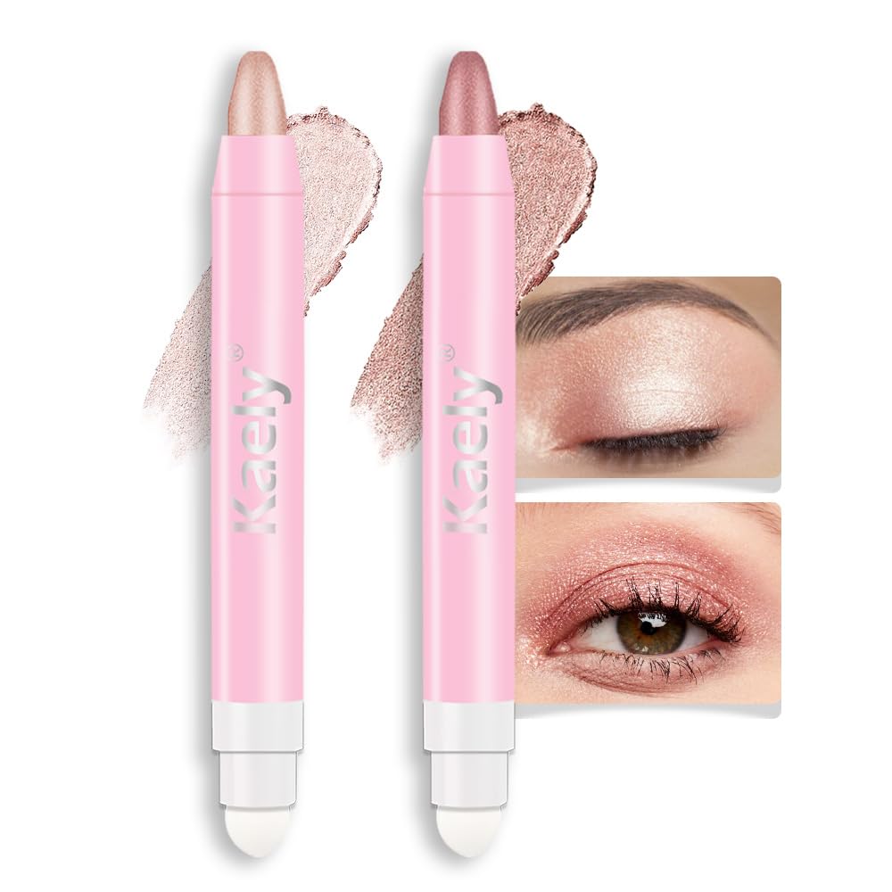 evpct 2Pcs Cream Eye Shadow Brightener Sticks Set for Eyes Waterproof, Champagne & Rose Gold Shimmer Cream Eyeshadow Applicator Stick Long Lasting Pigmented Eye Makeup sombras en crema para ojos 17+37