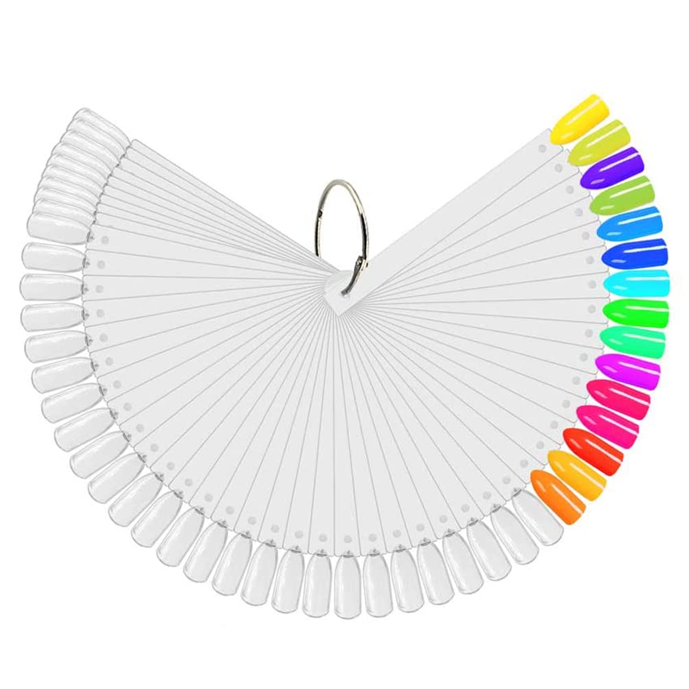 JASSINS 100 Pcs Clear Fan-shaped False Nail Swatch Sticks Nail Polish Practice Display Art Tips Nail Sample Sticks With Metal Split Ring