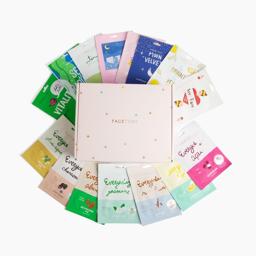 FACETORY K-Beauty Sheet Mask Gift Set – 15 Premium Korean Face Masks in Stylish Gift Box | Hydrating, Brightening & Soothing Skincare Variety Pack