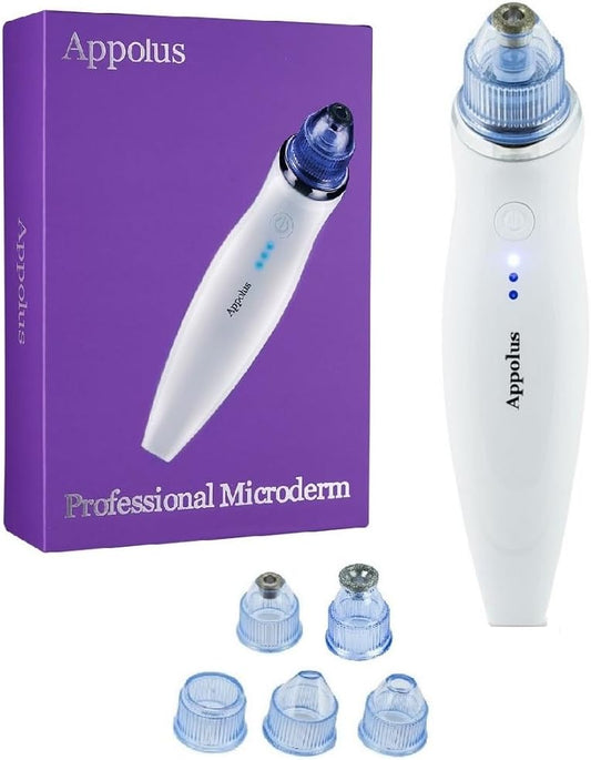 Microdermabrasion Machine - Appolus Premium Diamond Microdermabrasion Device Tool - 2 Diamond Tips - 5 Heads - Blackhead Blemishes Remover - Pores Fine Lines Minimizer
