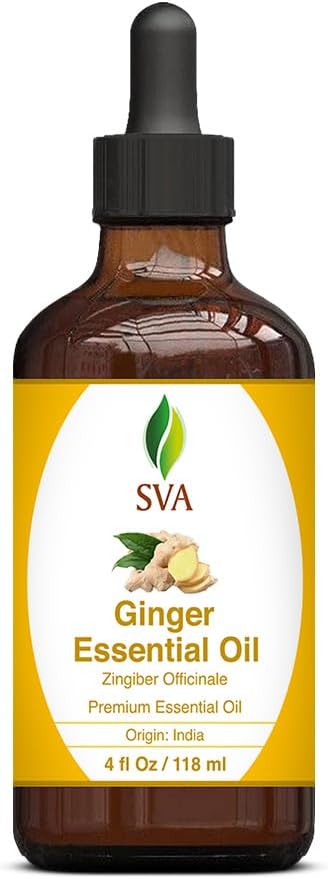 SVA Ginger Essential Oil – 4 Fl Oz – 100% Natural Ginger Oil - for Diffuser, Hair Care, Face, Skin Care, Aromatherapy, Scalp and Body Massage, Soap and Candle Making – with Dropper
