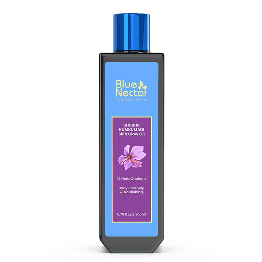 Blue Nectar Kumkumadi Body Oil for Glowing Skin | Moisturizing Body Oil for Dry Skin with Relaxing Aroma | Plant Based Body Oil for Women & Men (12 Herbs, 6.76 fl oz)