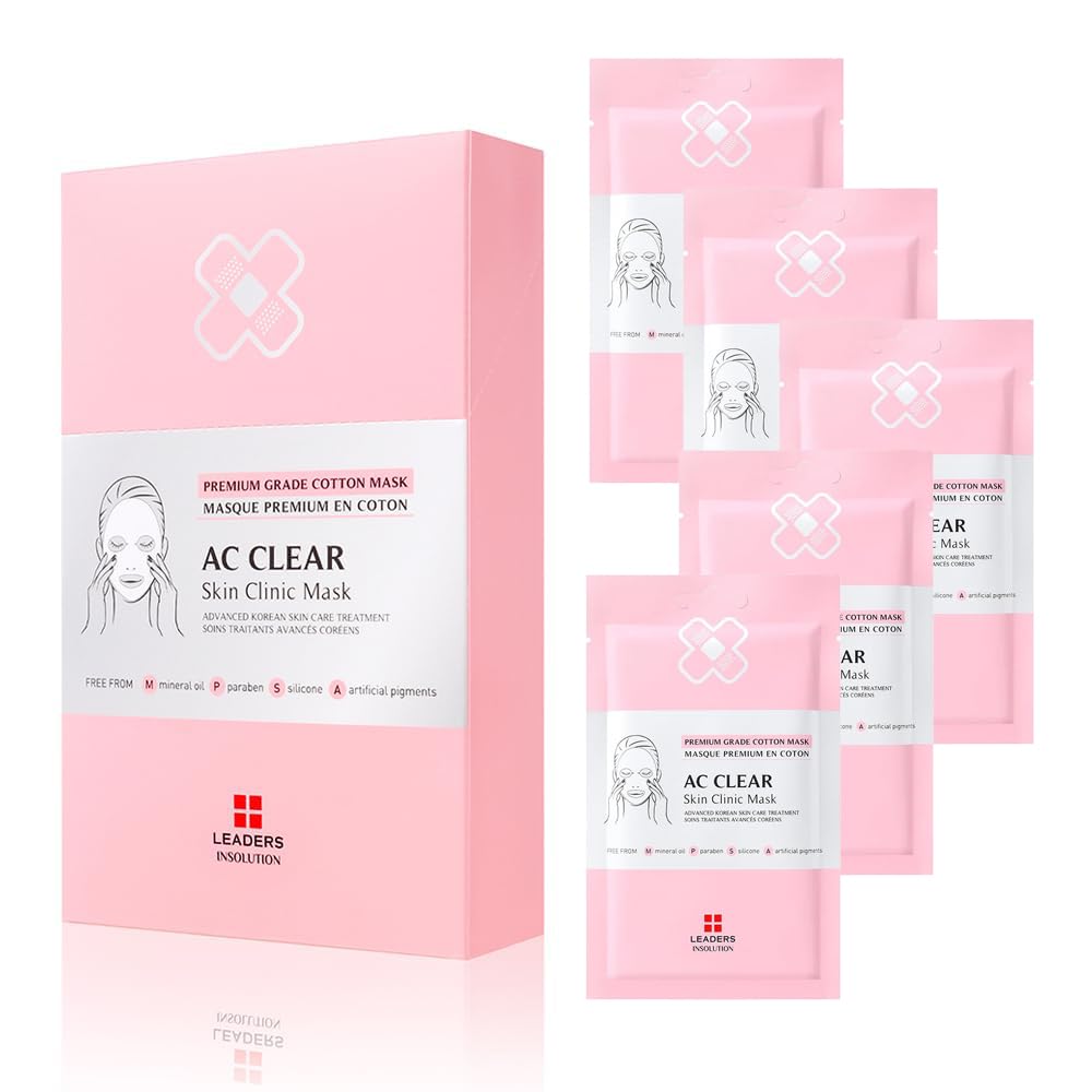 Leaders Insolution AC Clear Skin Clinic Mask | Snail Secretion & Tea Tree Oil for Acne, Redness, Oil Control | 100% Cotton Bemliese Sheet | Balances & Soothes Sensitive Skin (5 Sheets)