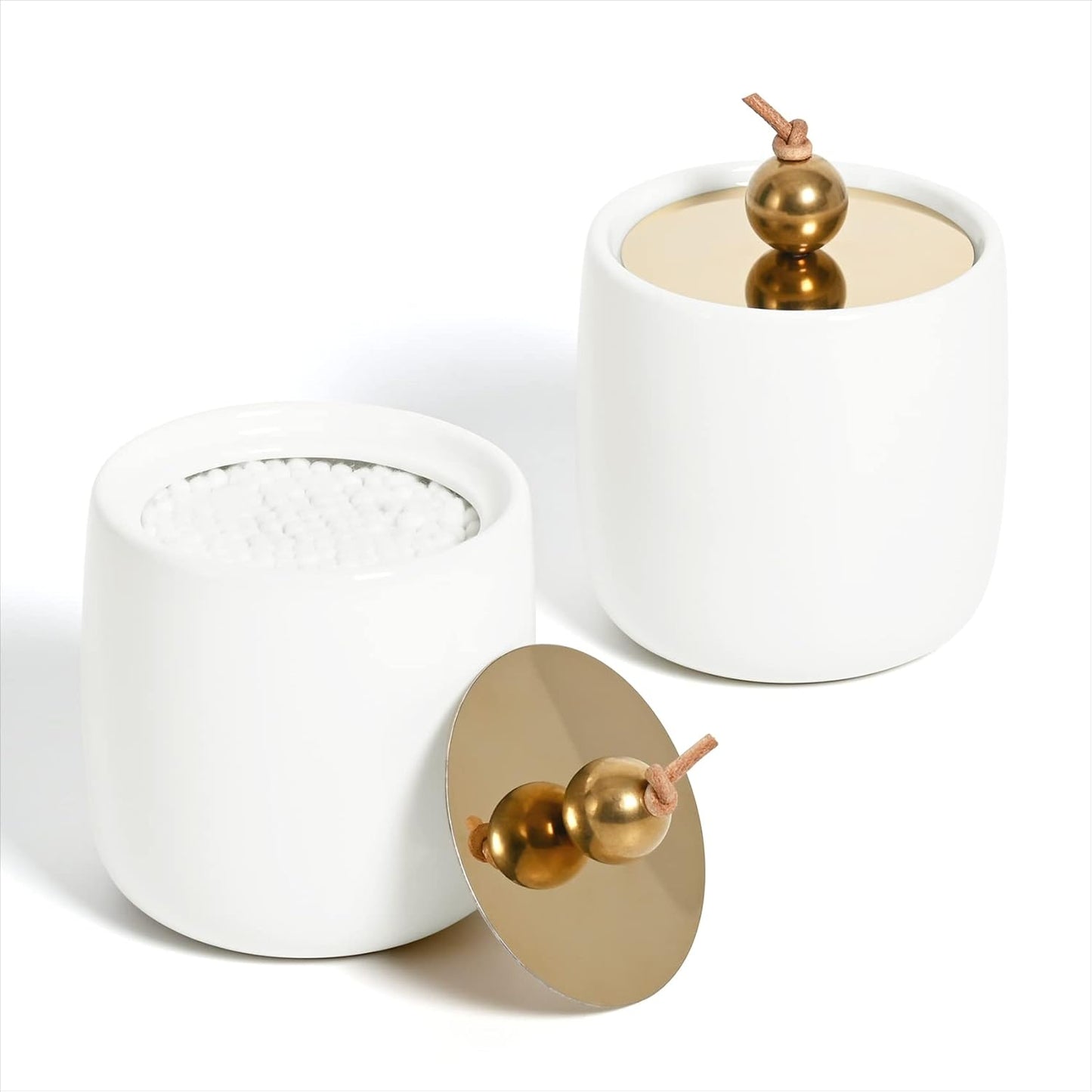 2 Pack Ceramic Qtip Holder Dispenser with Gold Lids, White Apothecary Jars Bathroom Vanity Organizer for Home Decor - Bathroom Canister for Cotton Swabs, Rounds, Balls, Makeup Sponges, Bath Salts