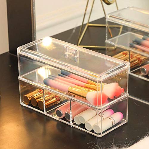 Square Acrylic Cotton Ball Pads Gauze Swab Holder Organizer Q-tip Dispenser Storage Canister Bathroom Container Flossers Box Case (9.3x3.7x5.1 in, 2 Tiers, 4 Partitions, Transparent)