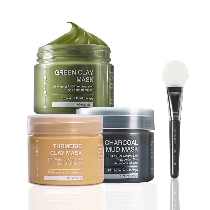 Turmeric Clay, Dead Sea Mud & Charcoal Gel Face Mask Trio With Applicator, Deep cleansing Clay and Mask Applicator, Facial Therapy PH Balanced Hypo-allergenic (3 Sets Mud Mask)