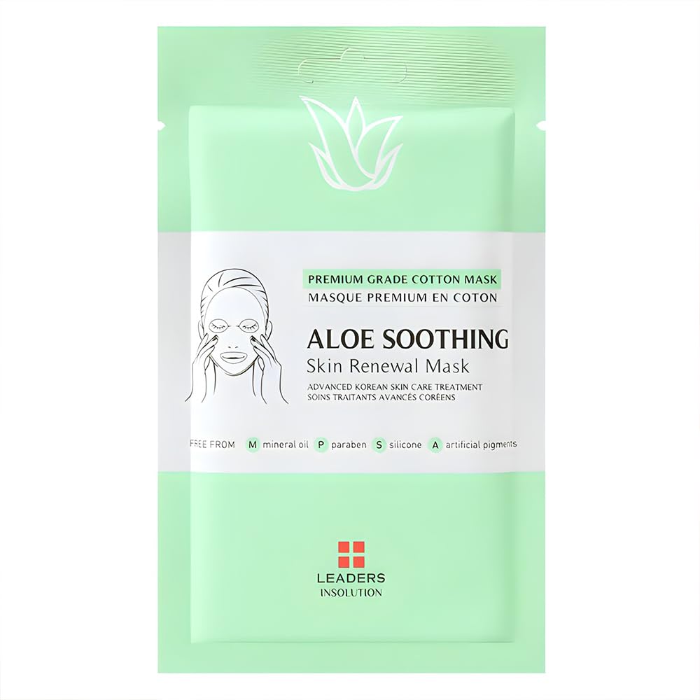 Leaders Insolution Aloe Soothing Skin Renewal Mask | Organic Aloe Leaf & Cactus Extract Hydrating Facial Treatment for Sensitive, Dry, Acne-Prone Skin | UV Repair & Hydration Boost (10 Sheets)