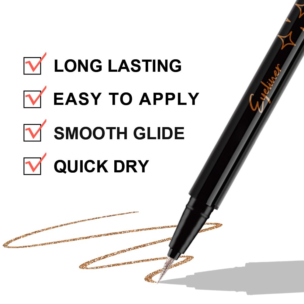 HHLOH 2PCS Metallic Glitter Liquid Eyeliner Pens Set – Waterproof Mark Bronze Brown or Gold Long-Lasting Sparkly Eye Makeup – Tattoo-Effect Ink Liners for Women & Men, Delineador Líquido con Brillo 05