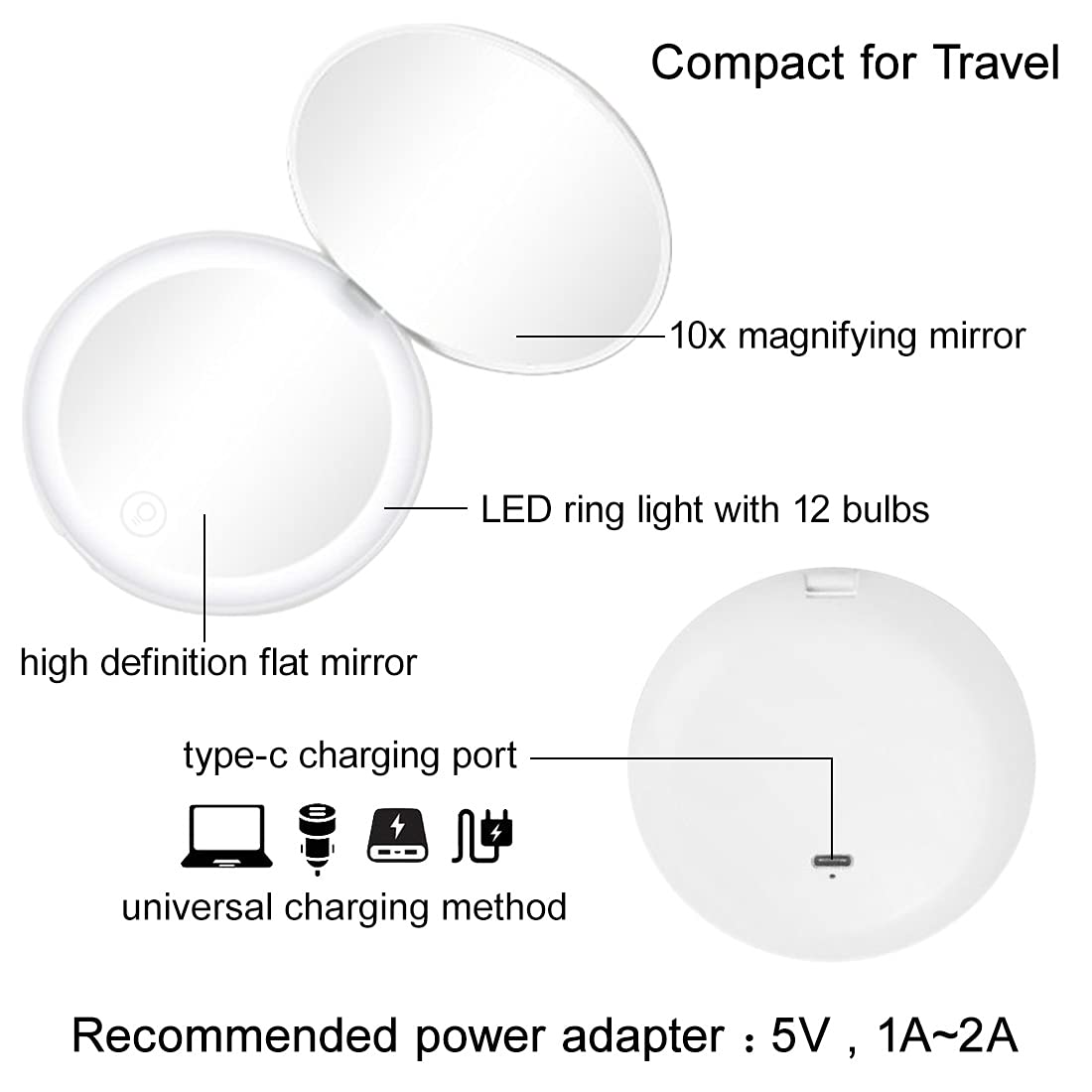 Compact Mirror with LED Light,1x/10x Magnifying Rechargeable Mirror,3.5in, Dimmable Travel Mirror for Purse,Pocket,Handheld 2-Sided Makeup Mirror