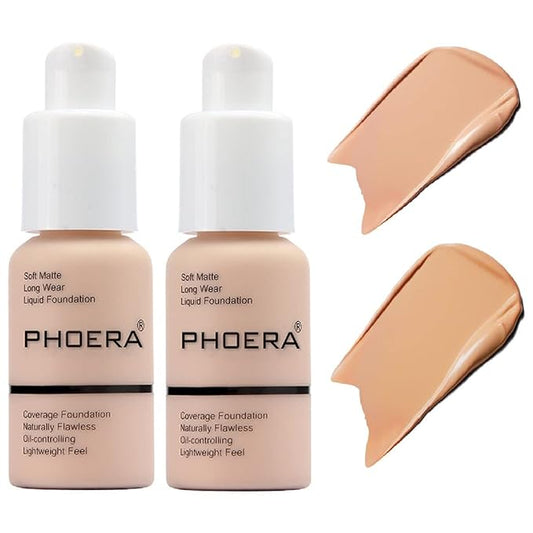2 Pack PHOERA Foundation,Matte Oil Control Concealer Foundation Cream,PHOERA Long Lasting Waterproof Matte Liquid Foundation for Women Girls (103 Warm Peach +104 Buff Beige)