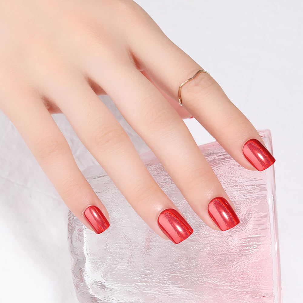 Red Press on Nails Short Square, Chrome Press on Nails, Fashion Gel Fake Nails, Reusable Acrylic Fake Nails, Glossy Stick on Nails, Thick Reusable Glue On Nails for Women, 24Pcs