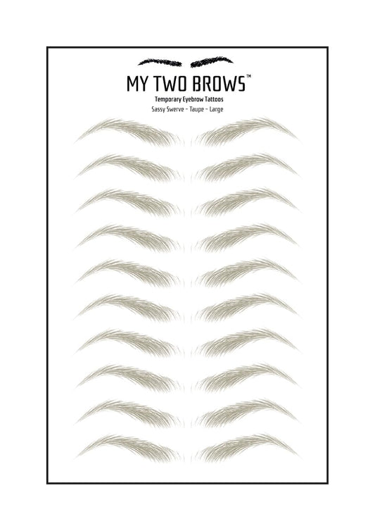 (10 pairs) Taupe Temporary Eyebrow Tattoo - Large Size - Waterproof & Smudgeproof - Sassy Swerve Style Eyebrow Stickers - Sheet Lasts up to 30 Days - Won't Work on Existing Brows