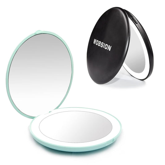 WOBSION Travel Compact Mirror,Portable 1x/10x LED Makeup Mirror with Magnification,Handheld 2-Sided Pocket Mirror, 3.5in Small Mirror for Purse,Handbag,Gift,Cyan&Black,2 Pack