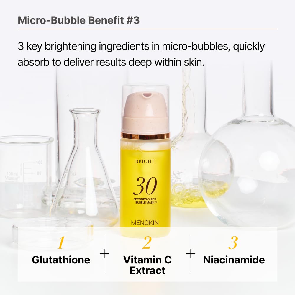 MENOKIN 30 Seconds Quick Bubble Mask [BRIGHT] - [Vitamin C] [Glutathione & Niacinamide] in Micro-bubbles for Dark Spots, Uneven Skin Tone, Korean Skin Care Essential, 70 Uses, 3.21 fl.oz