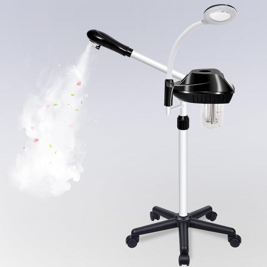 Professional Facial Steamer, 2 in 1 Face Steamer on Wheels, with 5X Magnifying Lamp, Facial Steamer with Time Setting, Stand Face Steamer Adjustable Height for Spa, Salon and at Home use