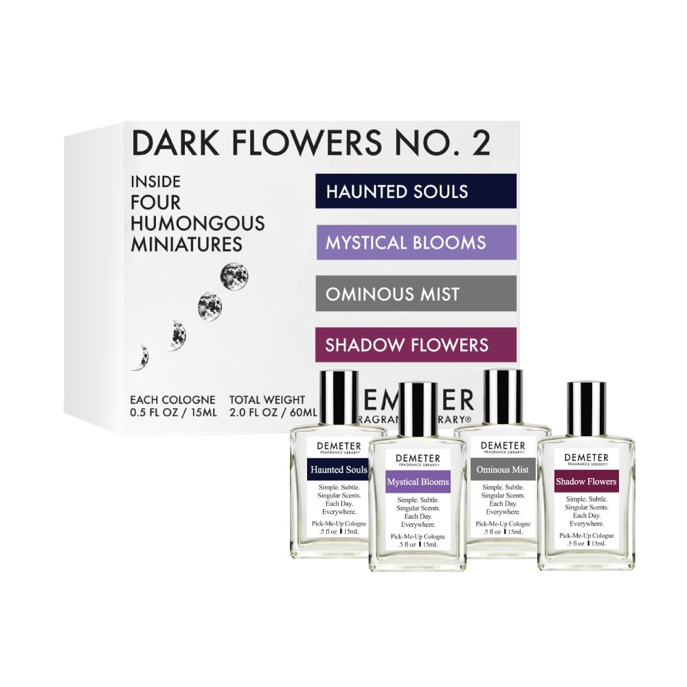DEMETER Dark Flowers No. 2 Humongous Miniature Set of 4 Colognes, Haunted Souls - Mystical Blooms - Shadow Flowers - Ominous Mist, Perfumes for Women, 0.5 Oz Each