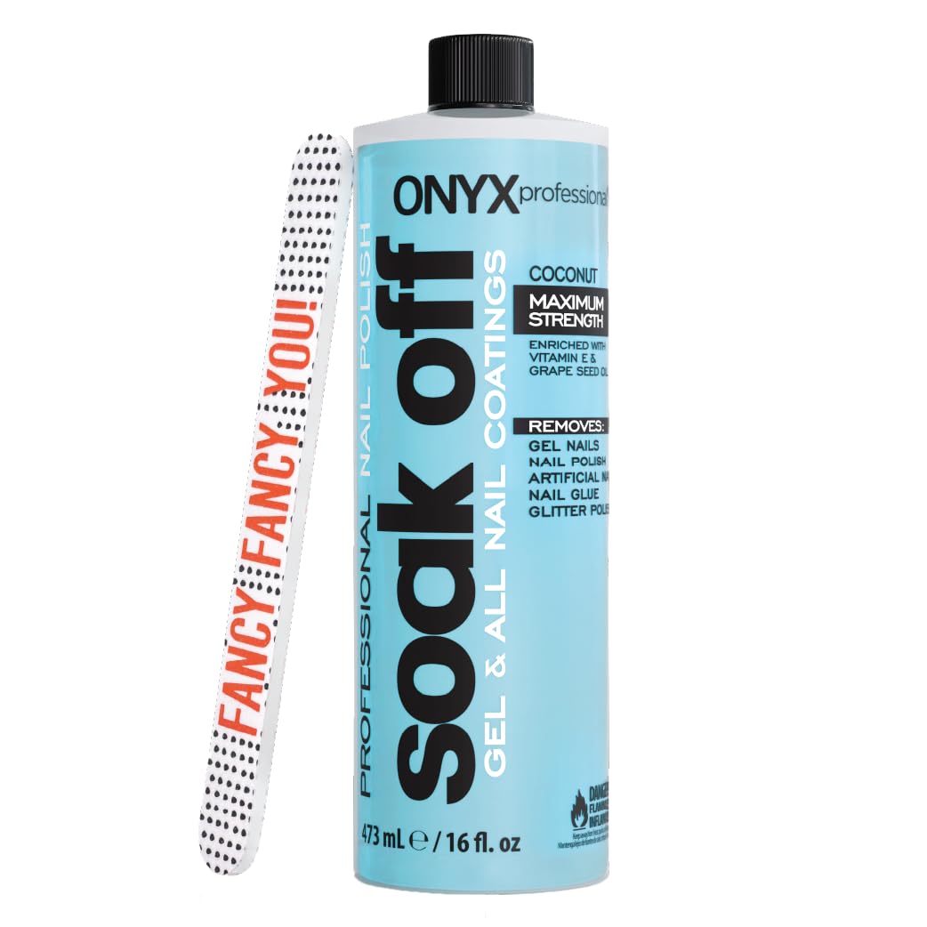 Onyx Professional Coconut Scented Nail Polish Remover with Nail File, 16 oz, Maximum Strength Soak Off Gel Polish Remover, Vitamin E & Grape Seed Oil Enriched Nourishing Formula