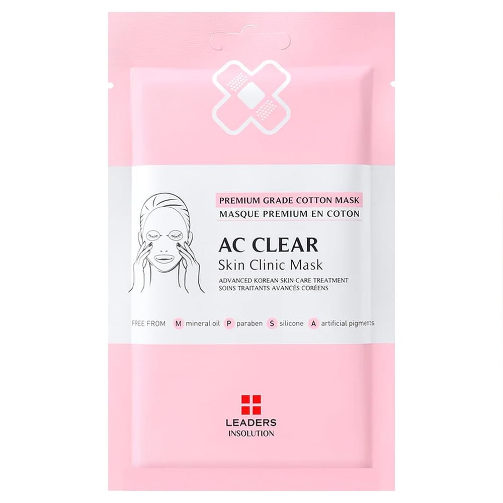 Leaders Insolution AC Clear Skin Clinic Mask | Snail Secretion & Tea Tree Oil for Acne, Redness, Oil Control | 100% Cotton Bemliese Sheet | Balances & Soothes Sensitive Skin (10 Sheets)