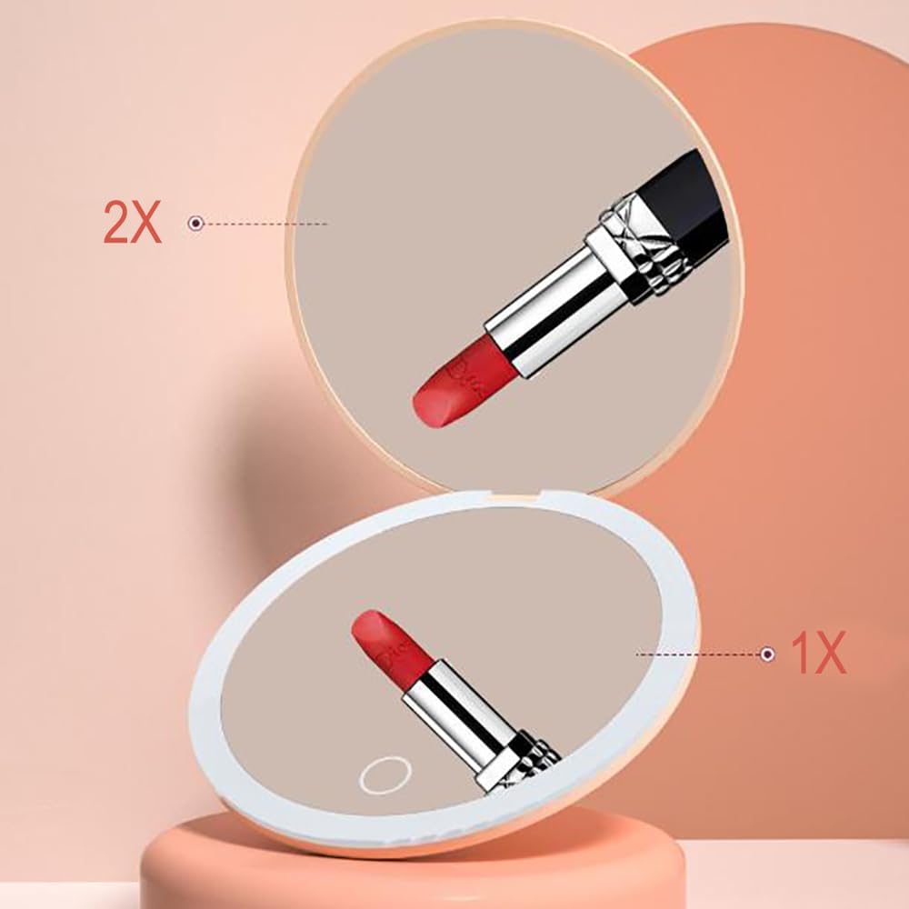 LED Mini Makeup Mirror, Compact Folding Travel Mirror with Touch Control, Round (White, 3.5 inch)