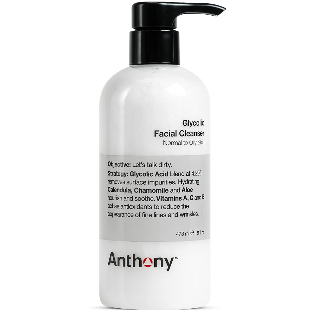 Anthony Glycolic Facial Cleanser for Men, Daily Exfoliating & Hydrating Face Wash, Shave Prep, Non-Foaming, Deep Cleansing, Gentle on Sensitive Skin, Removes Dirt & Oil, Smooths Texture, 16 Fl Oz