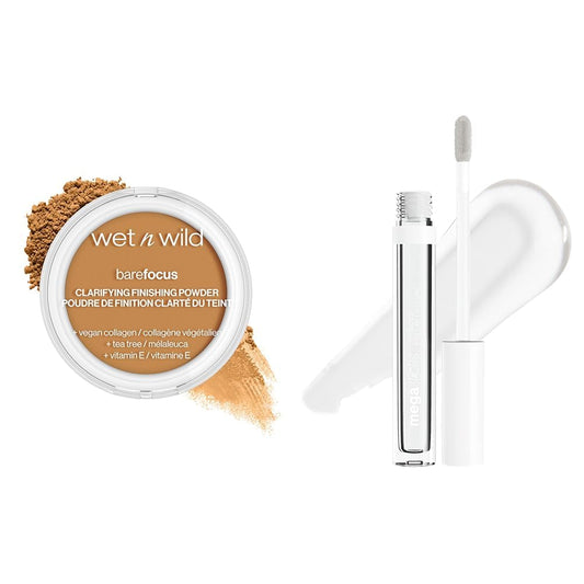 wet n wild Bare Focus Clarifying Finishing Powder Matte Pressed Setting Powder Medium-Tan and Mega Slicks Lip Gloss Long Lasting Hyaluronic Acid High Shine Crystal Clear