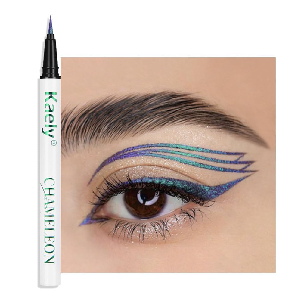 evpct Chameleon Duo Chrome Liquid Eyeliner, Teal Sapphire Blue Glitter Metallic Shimmer Liquid Eyeliner, Multichrome Color Shift, Long Lasting Waterproof Eye Liner Eyeshadow Pencil Face Glitter Makeup
