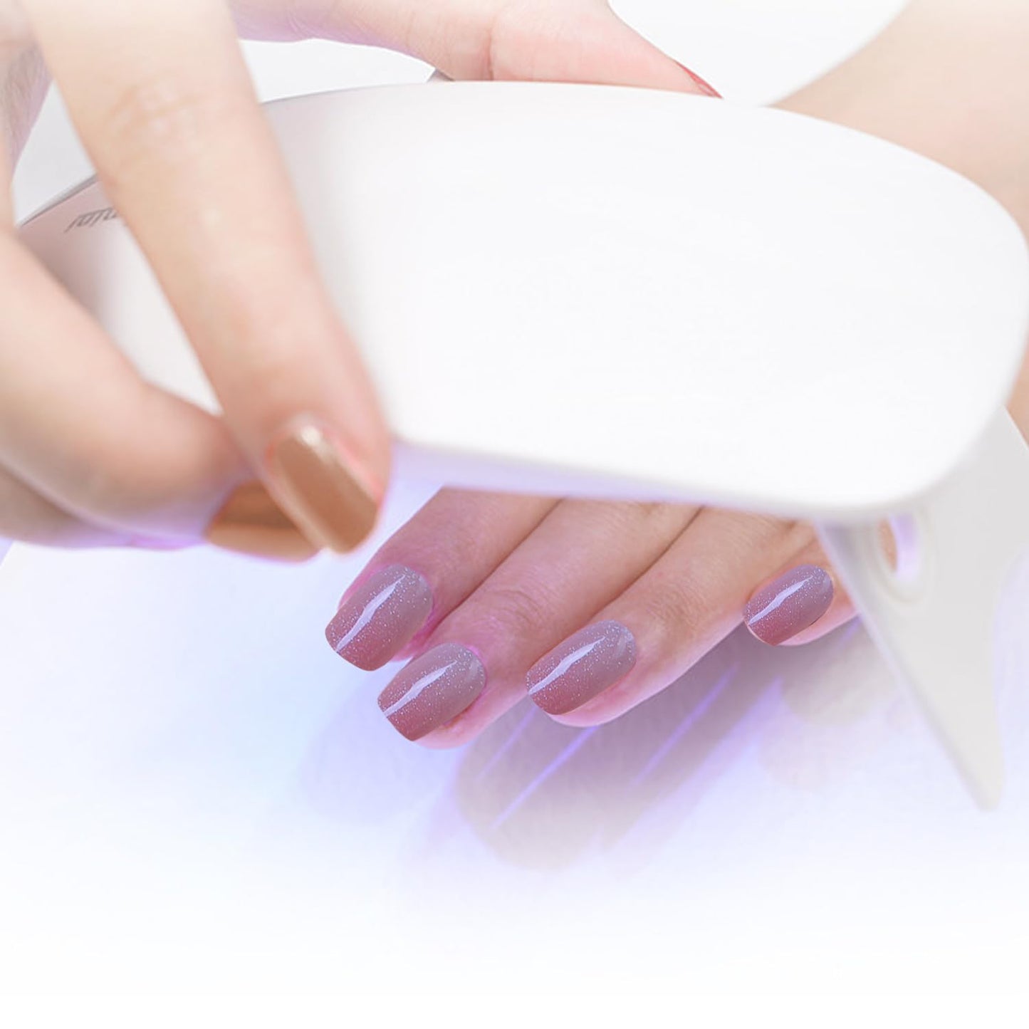 WOKOTO 1 Sheet Semi Cured Gel Nail Strips With Wood Stick, Nail File & Prepared Pads, 20 Tips Shimmery Pink Ombre Semi Cured Nail Polish Strips Stickers, Harden With UV Light Gel Nail Stickers Wraps