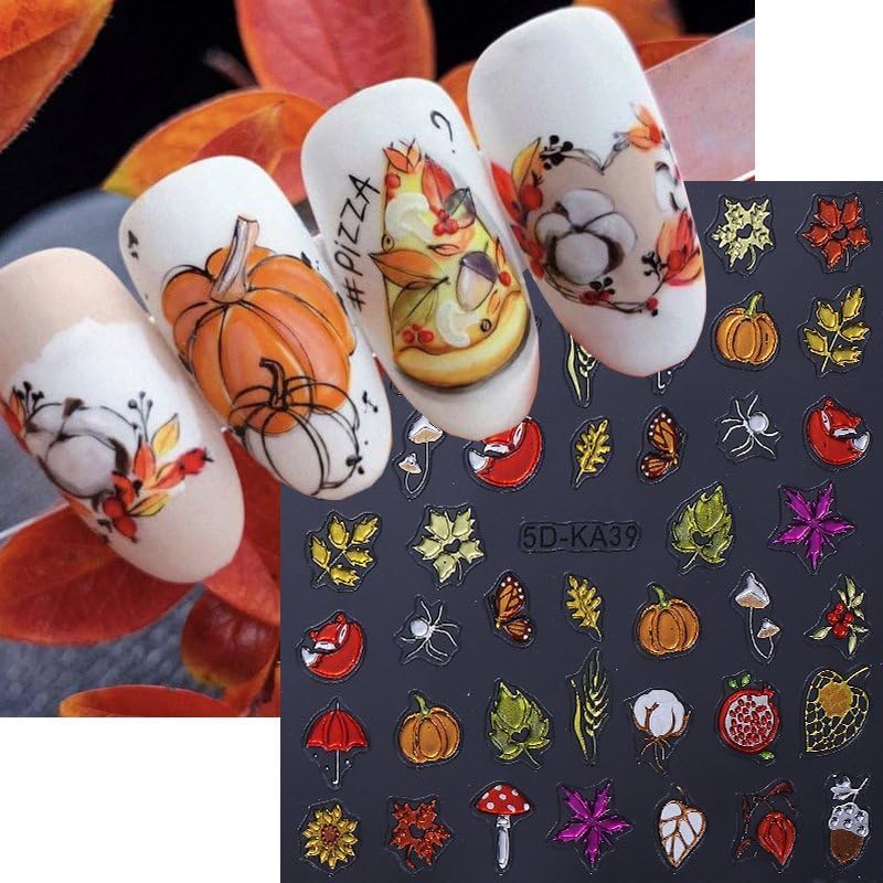 Fall Nails Stickers Autumn Leaves Nails Sticker 5D Embossed Maple Leaves Pumpkins Self Adhesive Sticker Nail Decals Colorful Thanksgiving Nail Art Decal Fall Decals for Nail DIY Manicure 1Sheet