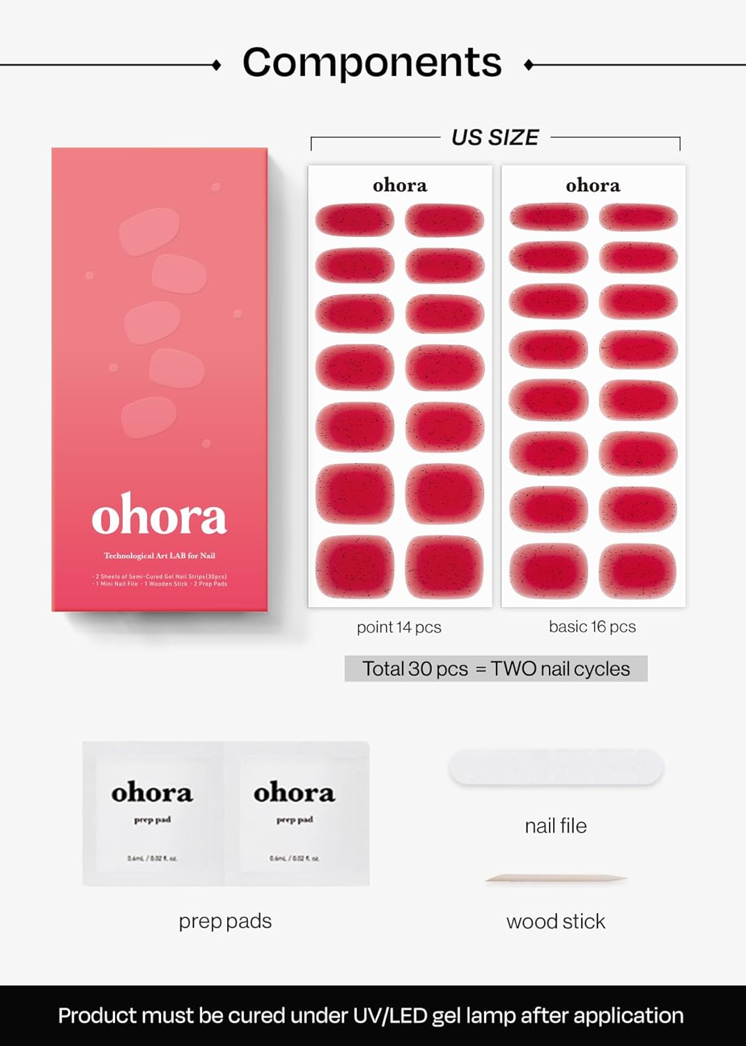 ohora Semi Cured Gel Nail Strips (N Jelly Berry) - Works with Any Lamps, Salon-Quality, Long Lasting, Easy to Apply & Remove - Includes 2 Prep Pads, Nail File & Wooden Stick