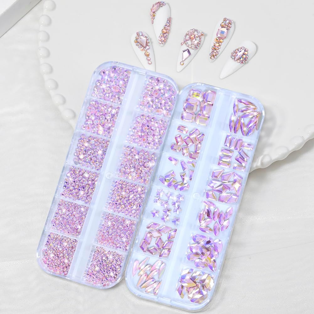 Nail Rhinestones - 3D Multi Shape Size, Flat Back, Crystals Manicure Rhinestones Charms, Pink AB Nail Gems, with Kit, for Nail Art, Bedazzling Acrylic Nails, DIY Decor