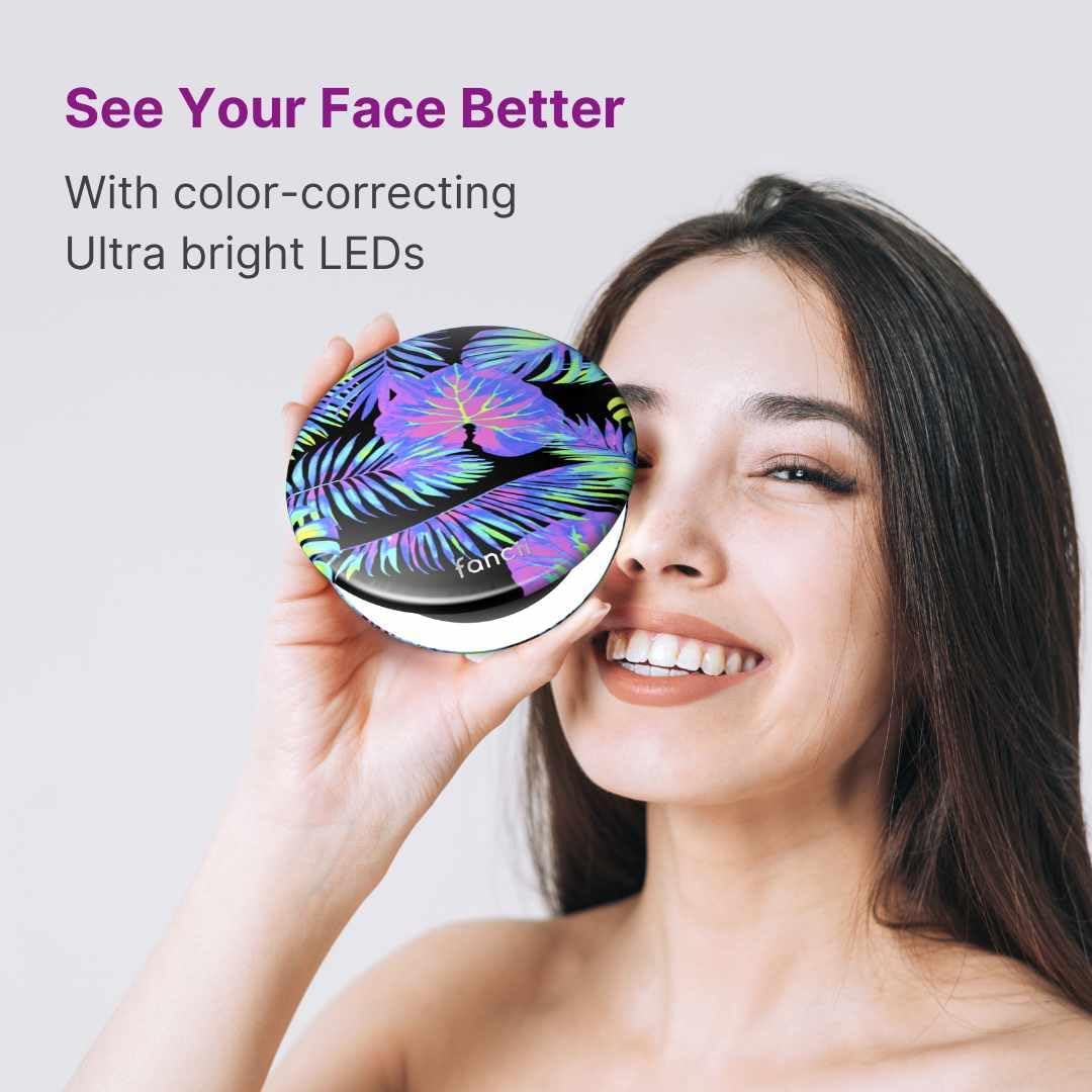Fancii Taylor LED Lighted Compact Travel Mirror, Rechargeable, 10x /1x Magnifying, 3 Light Settings - Best for Makeup, On The Go Touch-Ups, Grooming (Neon Oasis)
