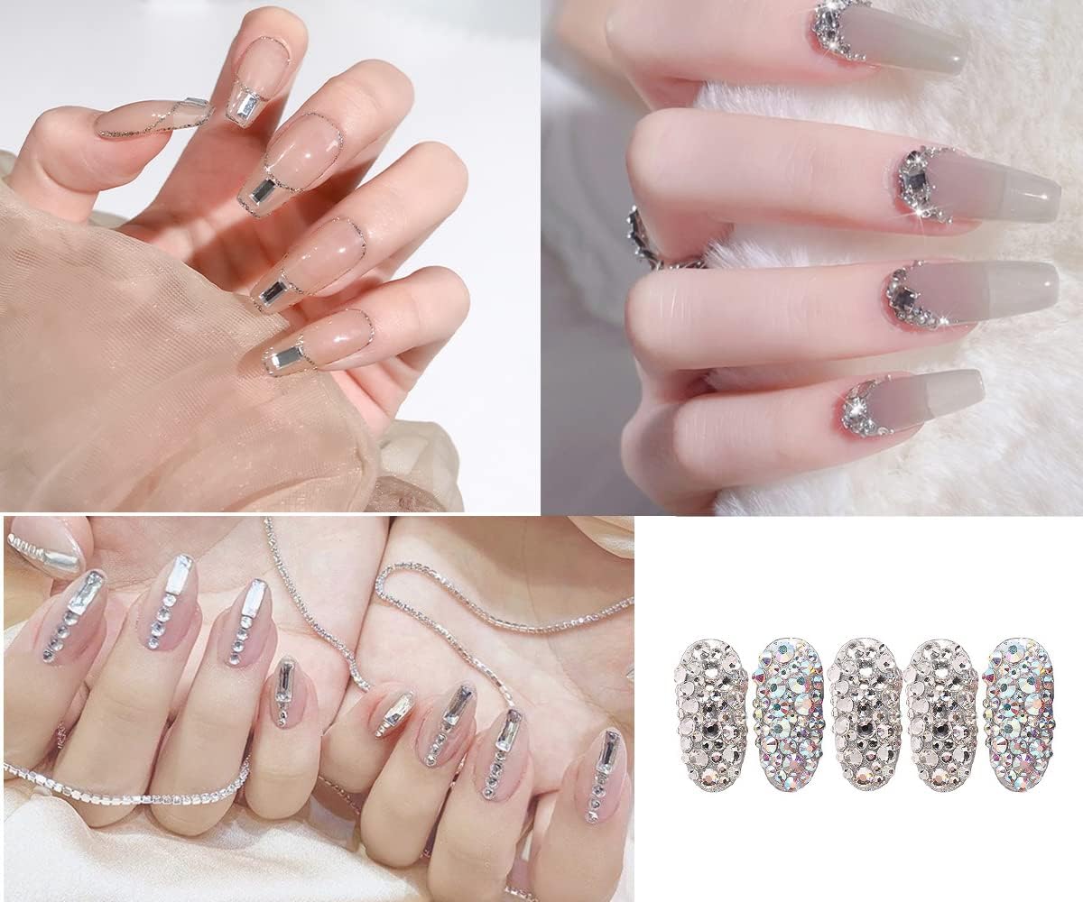 Nail Art Rhinestones K9 Glass Crystal Iridescent AB Clear Flatback Diamonds for Round &Square Gems Stones Constitute in 6 Mixed Sizes Jewels Set for Nail Design DIY Multiple 2920PCS + Pen Tweezers
