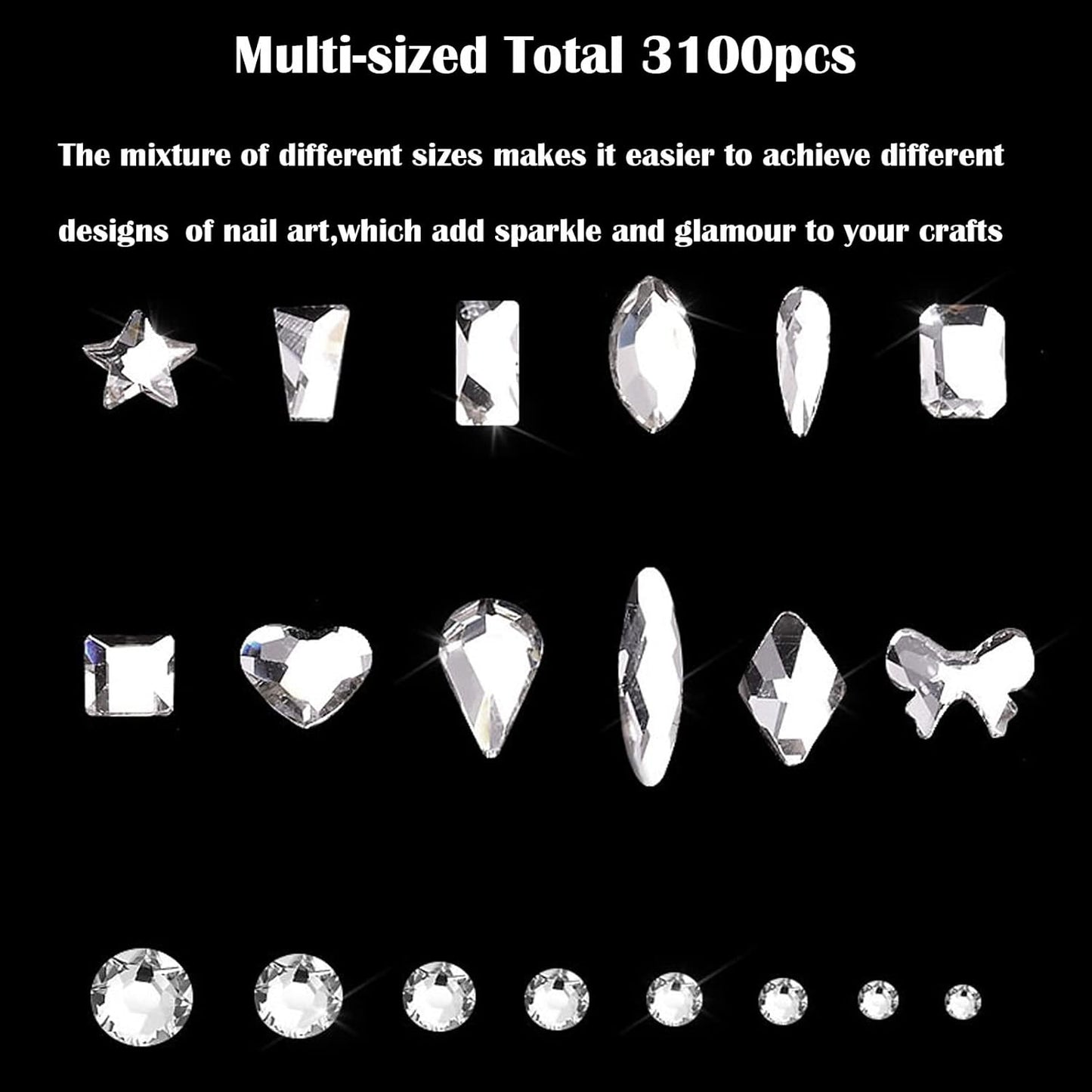 Nail Rhinestones Kit, Nail Art Decorations Flat AB Rhinestones Kit DIY Crafts Gemstones for Nail, Shoes, Clothes, Jewels (600 Iridescent Diamonds + 2500 Flat Rhinestone)