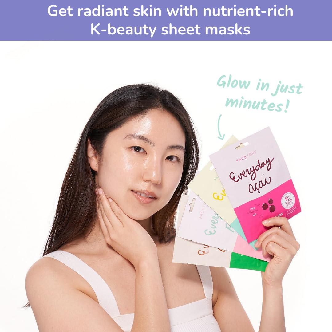 FACETORY K Beauty Face Mask Skin Care - EVERYDAY 8 COLLECTION Sheet Mask Set | Natural Premium Korean Face Mask For All Skin Types - No Sulfates No Parabens (8 pc)