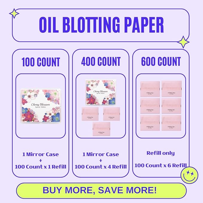 [400 Counts + Mirror Case] Cherry Blossom Natural Oil Blotting Paper for Face with Mirror Compact and Refills