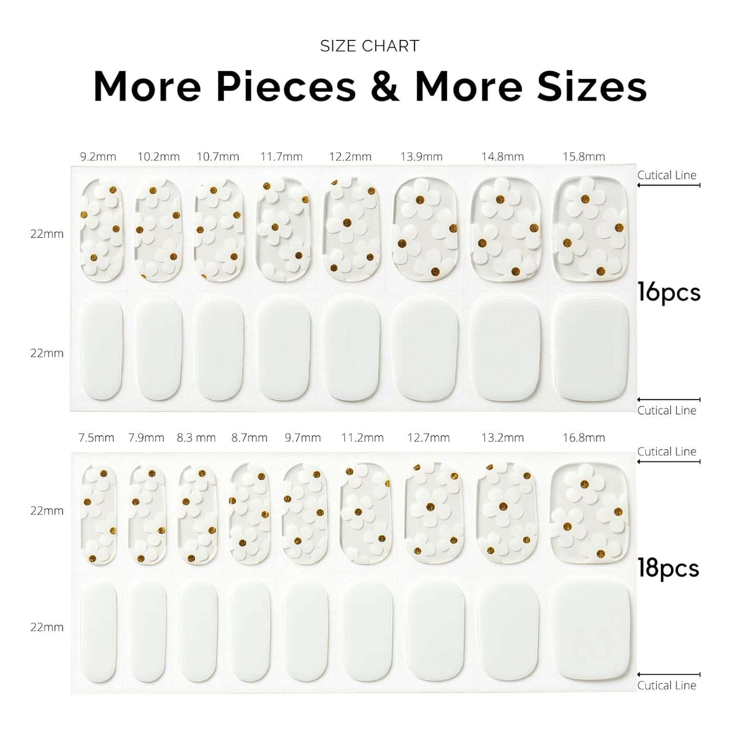 Nailog Semi Cured Gel Nail Strips 34 pcs | Long Lasting Nail Polish Sticker Wraps with Glossy Gel Finish | White Petals