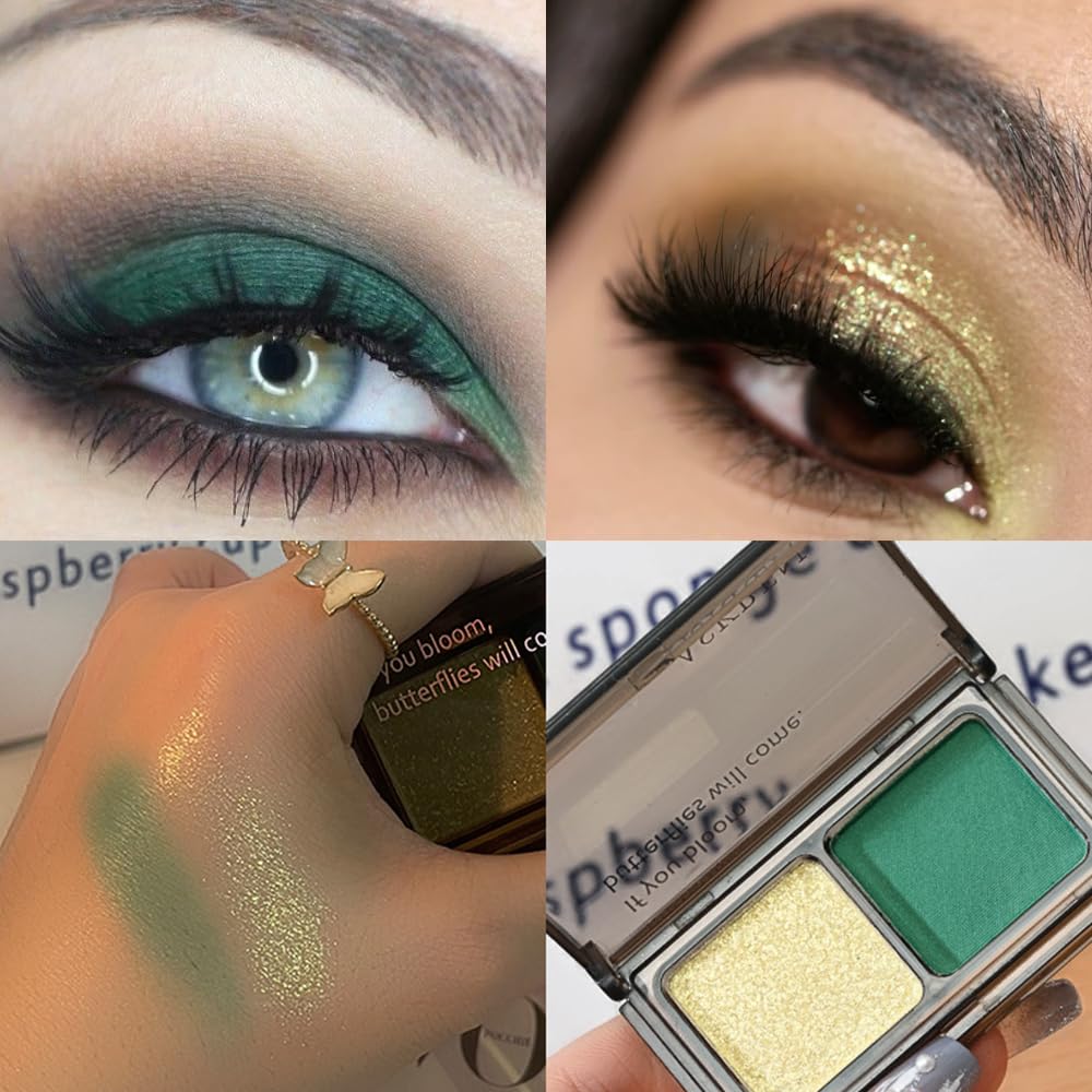 Golden Green Two Color Matte Shimmer Glitter Eyeshadow Palette,Eye Shadow Powder Professional Long-Lasting Waterproof Makeup Palette,Easy-To-Apply and Compact for Travel,Vegan & Cruelty-Free