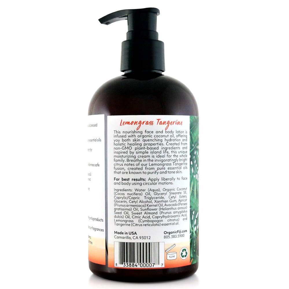 Coco Fiji Face & Body Lotion Infused With Coconut Oil | Lotion for Dry Skin | Moisturizer Face Cream & Massage Lotion for Women & Men | Lemongrass Tangerine 12 oz, Pack of 3