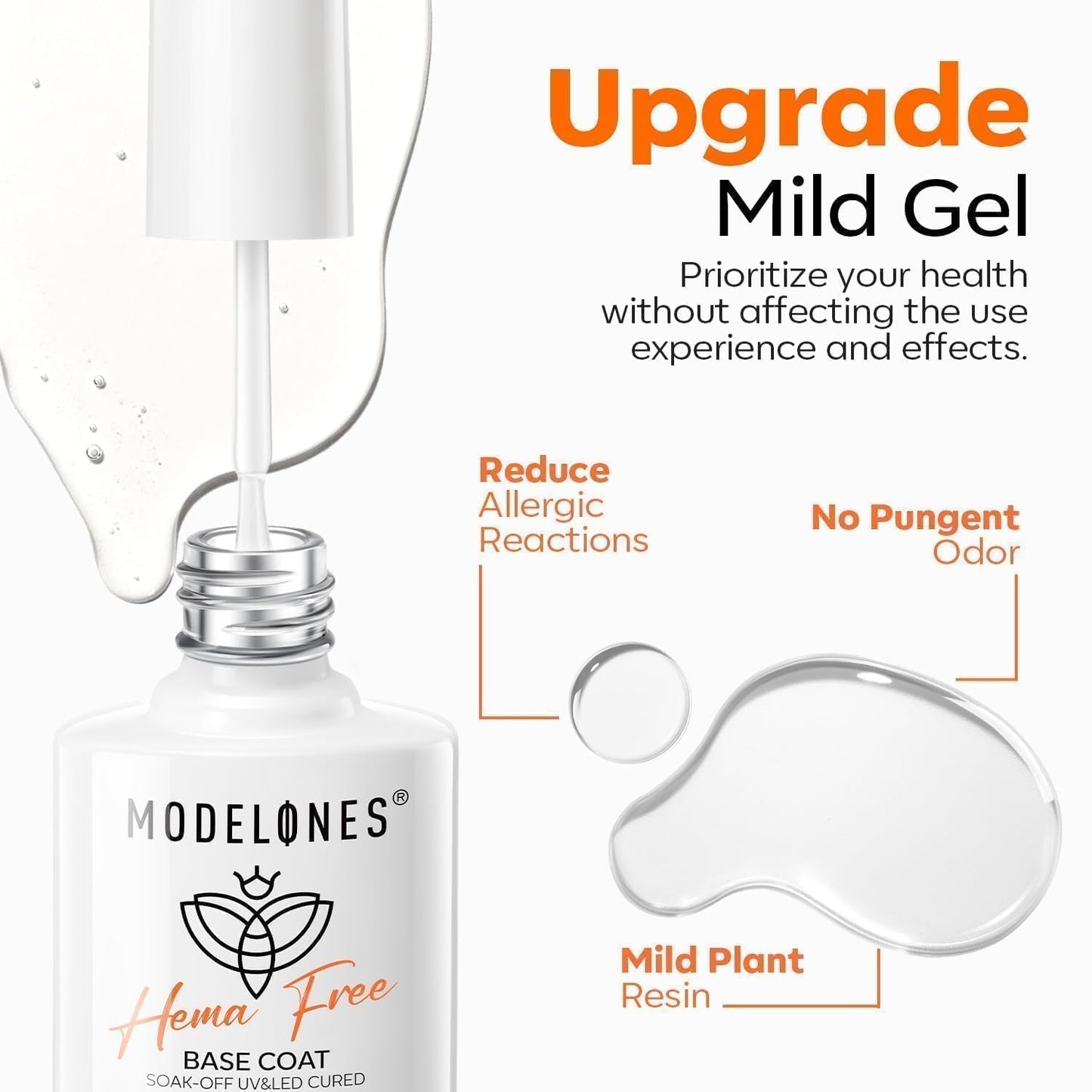 modelones Hema-Free Gel Base Coat, No Wipe Base Coat Gel Nail Polish Hypoallergenic Clear Color Long Lasting Glossy for Weak Nails Protect Soak Off Home Salon Gif Girls Woman Manicure U V/LED Needed