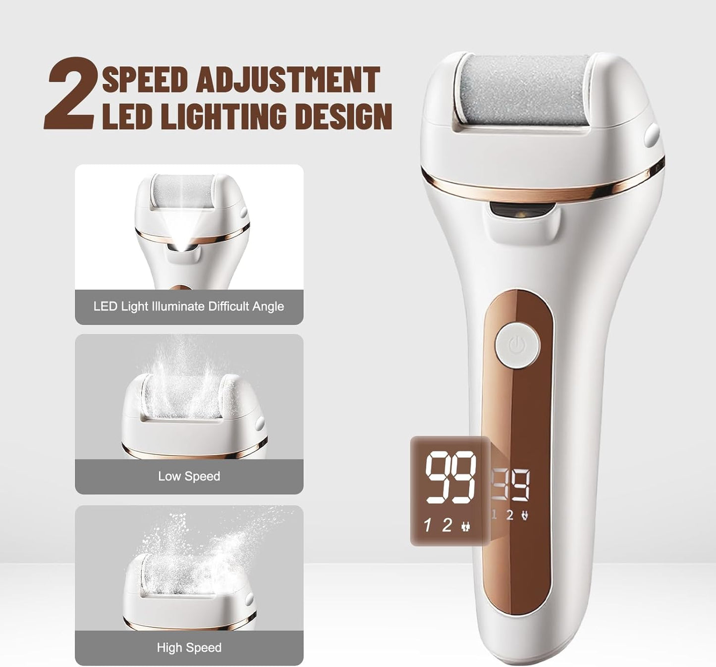 Electric Foot Callus Remover, Rechargeable Portable Electric Foot File, IPX6 Waterproof with 3 Roller Heads Pedicure Kits for Dead Hard Cracked Dry Skin, Digital Display, White