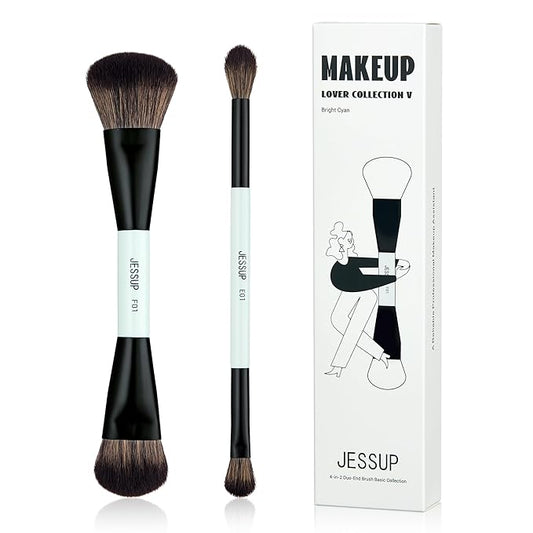 Jessup Makeup Brushes 2pcs Double Sided Foundation Brush Contour Brush Dual Ended Eye Blending Brush, Multi-functional Cosmetic Brush Bright Cyan T502