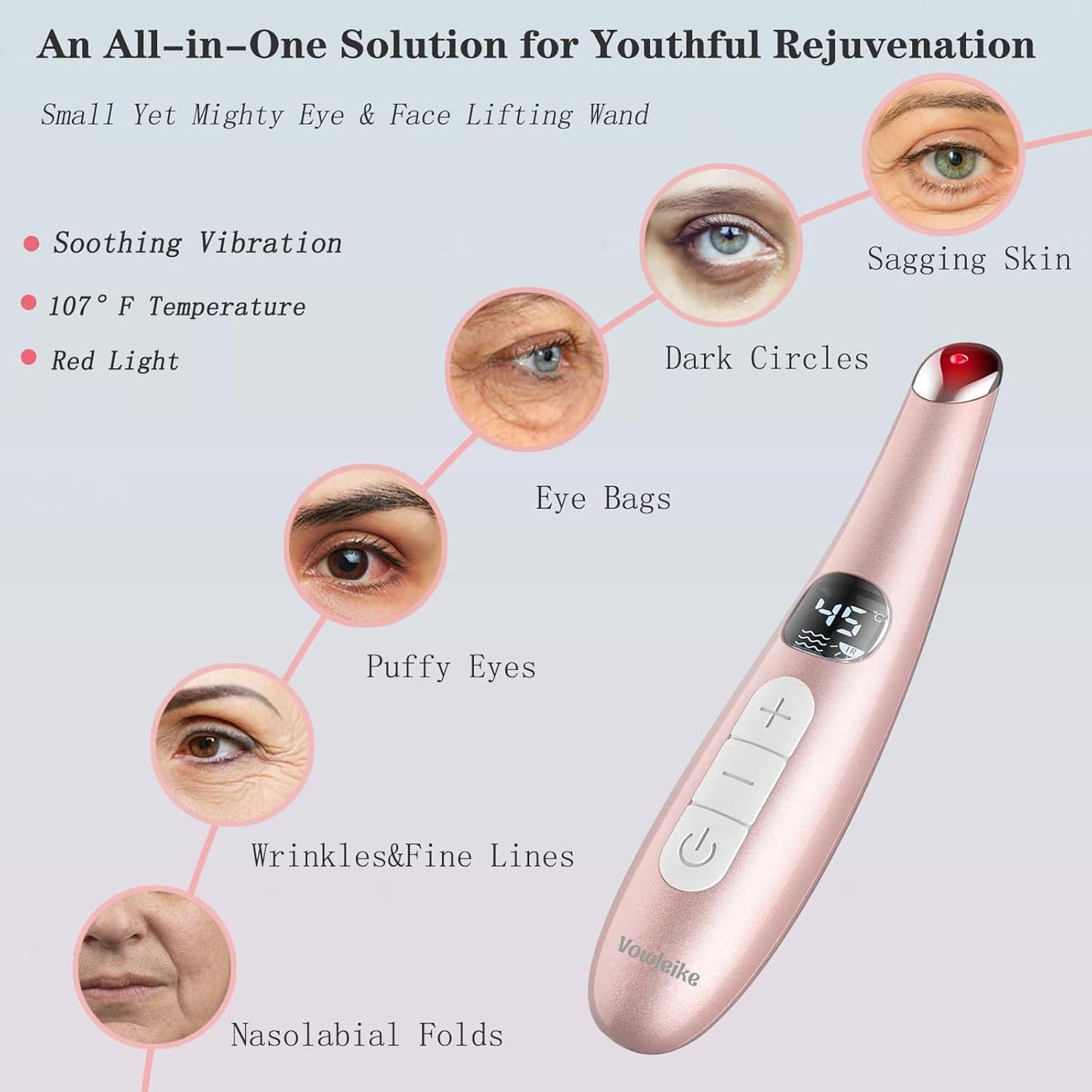 Eye Lift Wand, 3 in 1 Vibrating 98°F to 113°F LCD Eye Massager for Dry Eyes, Dark Circles and Puffiness, Face & Neck Lifting Tool for Fine Lines and Wrinkles, Rose Gold