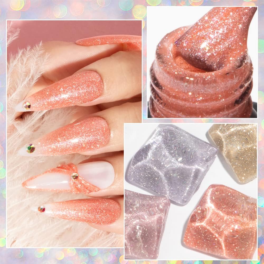MIZHSE Glitter Gel Nail Polish, 2 In 1 Reflective & Rubber Base Gel Polish 10ml, Sparkly Shimmery Effect Nude Pink Silve Purple Colors Soak Off Nail Art Manicure Home Salon Gift for Women