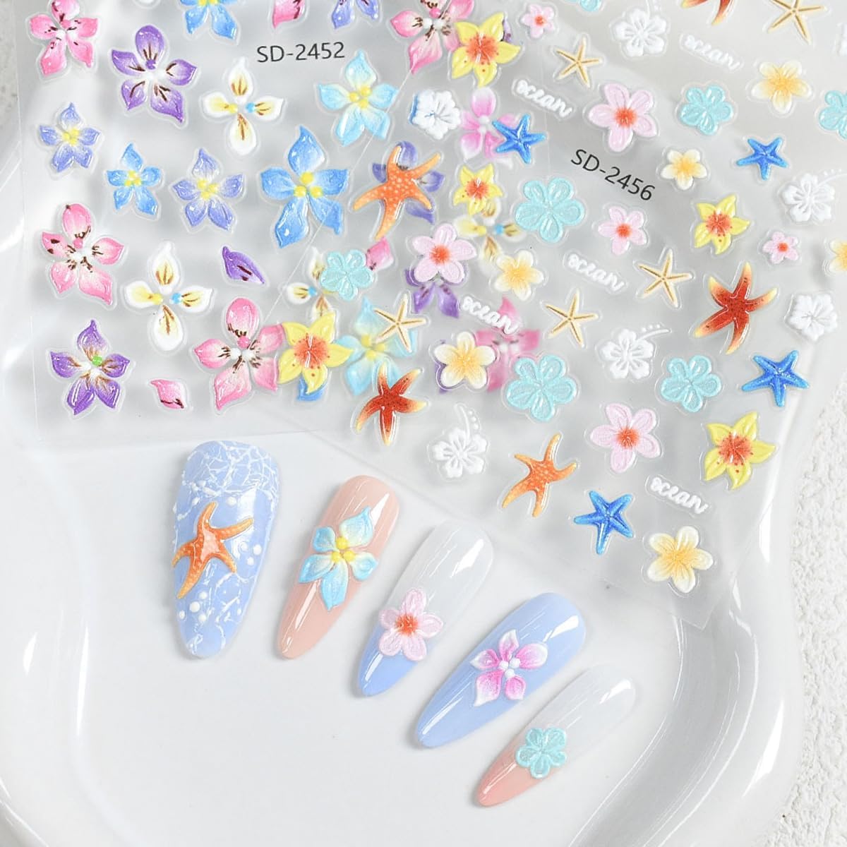 3 Sheets 5D Embossed Flower Nail Art Stickers Self Adhesive Summer Nail Decals Beach Starfish Nail Stickers Hawaii Nail Design Sticker Colour Flower Nail Art Supplies for DIY Decoration Supplies