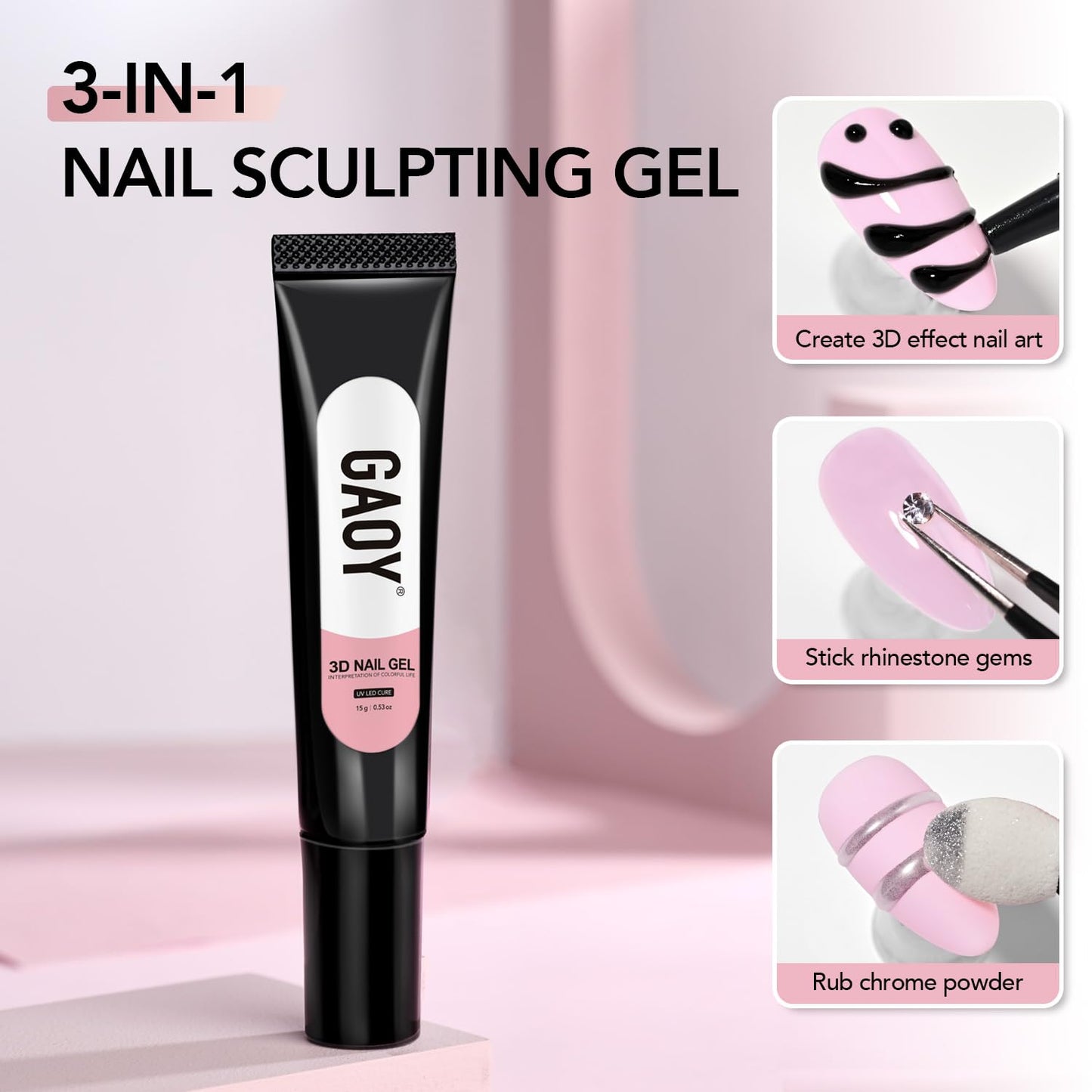 GAOY Black 3D Nail Gel, 15g Sculpting Gel for 3D Nail Art Designs Carving, Molding, Painting, No Wipe Gel for Gems & Charms Decoration, Salon DIY Use